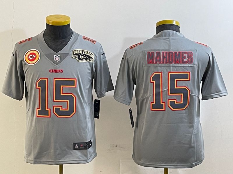 Youth Kansas City Chiefs 15 Mahomes Grey 2025 Nike Vapor Limited NFL Jersey style 2096